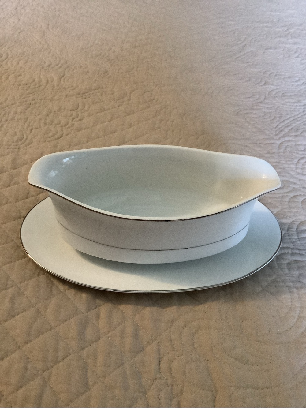 Executive House White and Silver China Gravy Boat